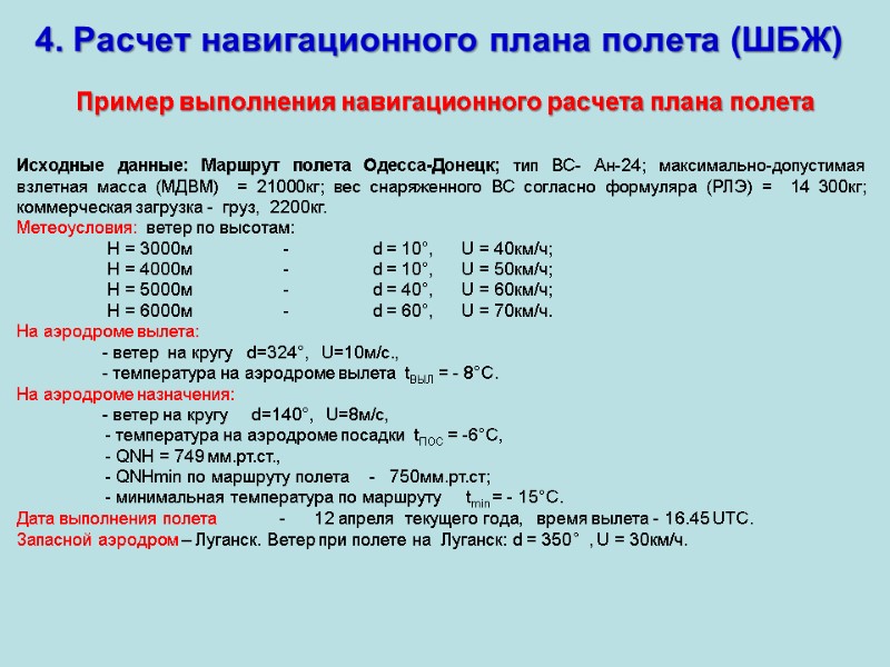4. Расчет навигационного плана полета (ШБЖ) Пример выполнения навигационного расчета плана полета Исходные данные:
